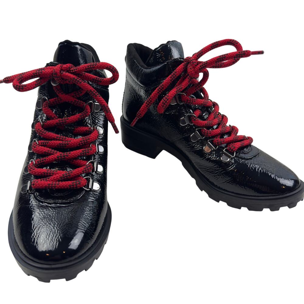 Schutz Niceia Black Patent Leather Red Lace Up Hiking Boots Women's Size 6